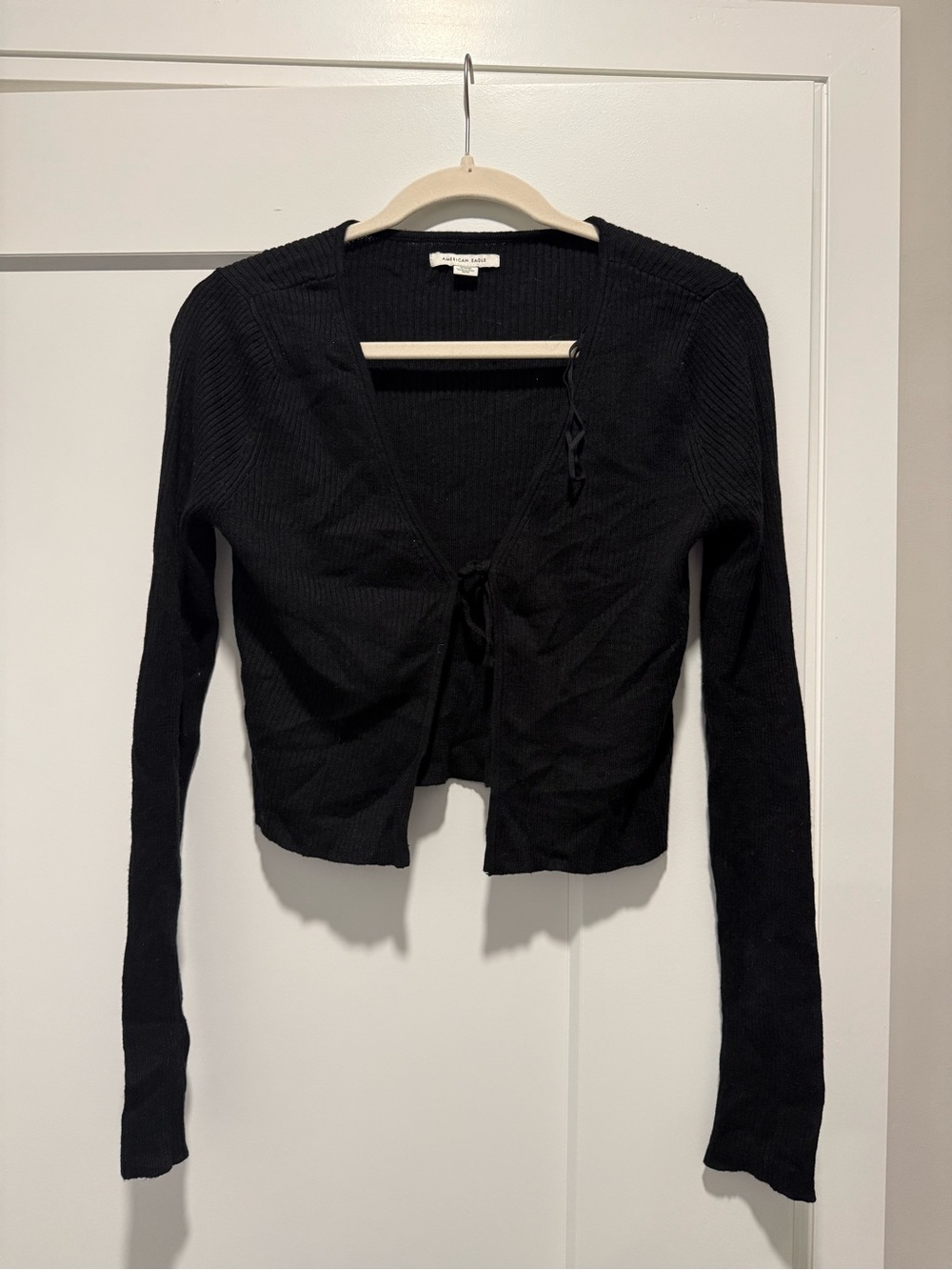 American Eagle Outfitters Black Ribbed Tie-Front Long Sleeve Top